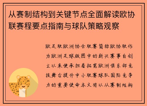 从赛制结构到关键节点全面解读欧协联赛程要点指南与球队策略观察 从赛制结构到关键节点全面解读欧协联赛程要点指南与球队策略观察