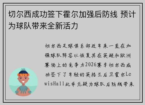 切尔西成功签下霍尔加强后防线 预计为球队带来全新活力 切尔西成功签下霍尔加强后防线 预计为球队带来全新活力