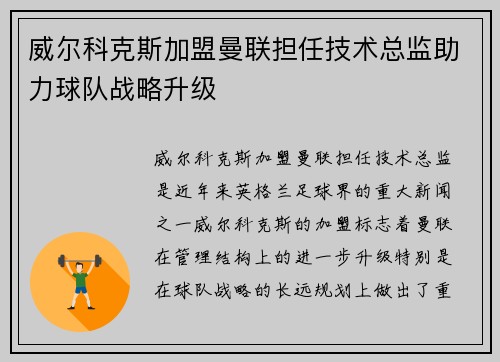 威尔科克斯加盟曼联担任技术总监助力球队战略升级 威尔科克斯加盟曼联担任技术总监助力球队战略升级